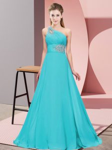 Aqua Blue Lace Up Prom Dress Beading Sleeveless Floor Length
