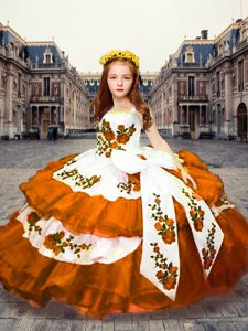 Floor Length Lace Up Child Pageant Dress Orange Red for Wedding Party with Embroidery