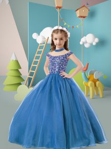 High-neck Cap Sleeves Little Girls Pageant Gowns Floor Length Beading Blue Tulle