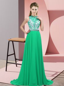 Elegant Turquoise Prom Dresses Prom and Party with Beading Halter Top Sleeveless Brush Train Backless
