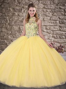Fantastic Brush Train Ball Gowns Sweet 16 Quinceanera Dress Gold Halter Top Tulle Sleeveless Lace Up