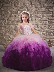 Multi-color Straps Lace Up Beading and Ruffles Little Girls Pageant Dress Wholesale Sweep Train Sleeveless
