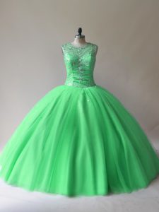 Custom Made Beading Quinceanera Gown Green Lace Up Sleeveless Floor Length