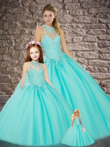 Halter Top Sleeveless Tulle Quinceanera Dress Beading and Appliques Sweep Train Lace Up