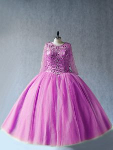 Sweet Lilac Long Sleeves Beading Floor Length Quinceanera Dress