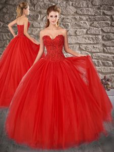 Red Sleeveless Tulle Brush Train Lace Up 15 Quinceanera Dress for Military Ball and Sweet 16 and Quinceanera
