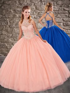 Best Floor Length Peach Quinceanera Dress Halter Top Sleeveless Lace Up