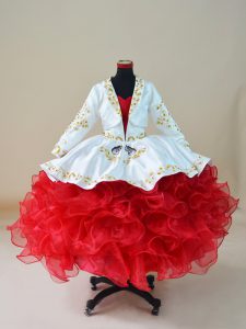 Gorgeous White And Red Ball Gowns Sweetheart Sleeveless Organza Floor Length Lace Up Embroidery and Ruffles Little Girl 