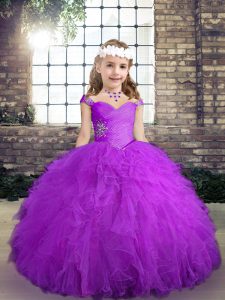 Admirable Sleeveless Floor Length Beading and Ruffles Lace Up Pageant Dress Wholesale with Purple