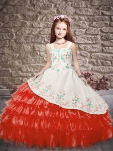 White And Red Organza Lace Up Kids Pageant Dress Sleeveless Floor Length Embroidery and Ruffled Layers