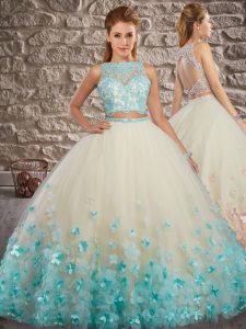 On Sale Blue And White Scalloped Neckline Lace and Appliques Quince Ball Gowns Sleeveless Backless