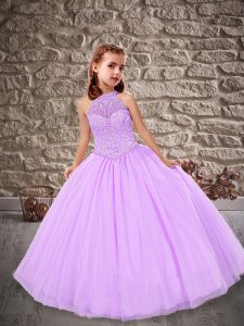 Lavender Sleeveless Beading Floor Length Child Pageant Dress