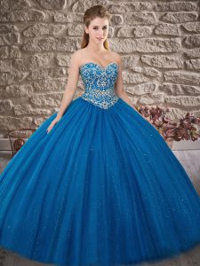 Best Selling Sweetheart Sleeveless Tulle Quince Ball Gowns Beading Brush Train Lace Up