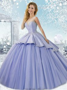 Designer Sleeveless Tulle Brush Train Lace Up Vestidos de Quinceanera in Lavender with Beading