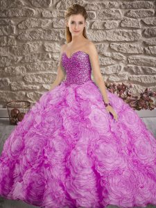 Brush Train Ball Gowns Quince Ball Gowns Lilac Sweetheart Fabric With Rolling Flowers Sleeveless Lace Up