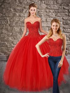 Dazzling Embroidery Quince Ball Gowns Red Lace Up Sleeveless Brush Train