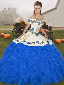 Royal Blue Off The Shoulder Neckline Embroidery and Ruffles Quinceanera Gowns Sleeveless Lace Up