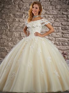 Amazing Champagne Lace Up Quinceanera Dresses Lace and Appliques Short Sleeves Brush Train