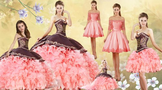 Attractive Sleeveless Organza Court Train Lace Up Quinceanera Dress in Pink with Embroidery and Ruffles