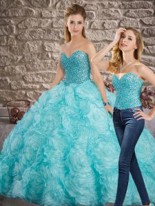 Fabric With Rolling Flowers Sleeveless Quinceanera Gowns Brush Train and Beading