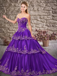 Customized Purple 15th Birthday Dress Satin Brush Train Sleeveless Appliques