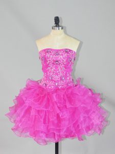 Fuchsia Strapless Lace Up Beading and Ruffles Prom Evening Gown Sleeveless