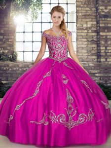 Fuchsia Sleeveless Tulle Lace Up Ball Gown Prom Dress for Military Ball and Sweet 16 and Quinceanera