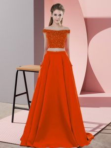 Rust Red Backless Off The Shoulder Beading Dress Like A Star Elastic Woven Satin Sleeveless Sweep Train