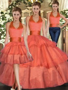 Ruffled Layers Quinceanera Dresses Orange Lace Up Sleeveless Floor Length