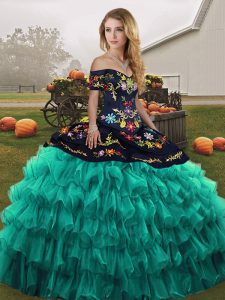 Stylish Off The Shoulder Sleeveless Lace Up Quinceanera Gowns Turquoise Organza