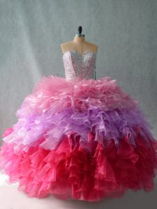 Best Selling Multi-color Organza Lace Up 15 Quinceanera Dress Sleeveless Floor Length Beading and Ruffles