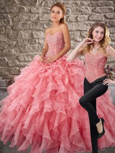 Watermelon Red Lace Up Sweetheart Beading and Ruffles Quinceanera Dress Organza Sleeveless Brush Train