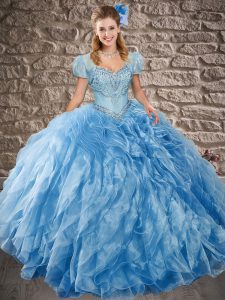 Classical Baby Blue Organza Lace Up Sweetheart Sleeveless Quince Ball Gowns Sweep Train Beading and Ruffles