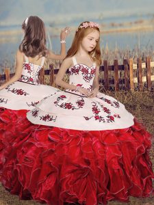 Red Lace Up Little Girl Pageant Dress Embroidery and Ruffles Sleeveless Floor Length