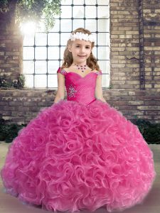 Custom Made Floor Length Fuchsia Pageant Gowns For Girls Fabric With Rolling Flowers Sleeveless Beading and Ruching