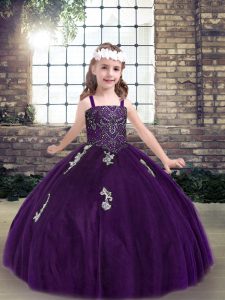 Customized Floor Length Purple Girls Pageant Dresses Straps Sleeveless Lace Up
