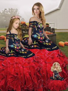 Organza Off The Shoulder Sleeveless Lace Up Embroidery and Ruffles Sweet 16 Quinceanera Dress in Red And Black