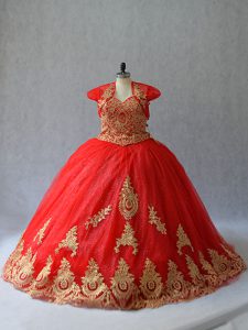 Fabulous Ball Gowns Sleeveless Red Sweet 16 Dresses Court Train Lace Up