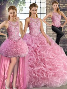 Beading Quinceanera Dress Rose Pink Lace Up Sleeveless Floor Length