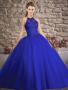 Sexy Royal Blue Vestidos de Quinceanera Tulle Brush Train Sleeveless Beading