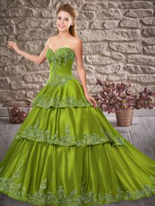 Sweetheart Sleeveless Quince Ball Gowns Brush Train Appliques Olive Green Satin