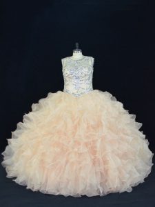 Champagne Scoop Lace Up Beading and Ruffles 15 Quinceanera Dress Sleeveless