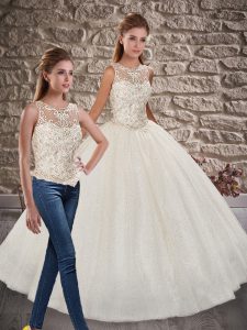 High Quality White Lace Up Scoop Beading Quinceanera Gowns Sequined Sleeveless