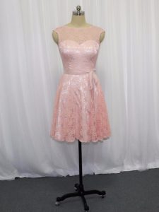 Stylish Pink and Baby Pink Zipper Prom Evening Gown Beading and Lace Sleeveless Mini Length