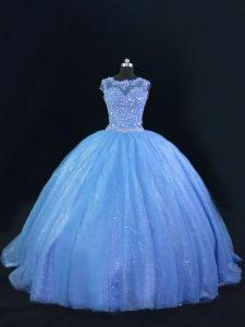 Scoop Sleeveless Tulle and Sequined Quince Ball Gowns Beading Lace Up