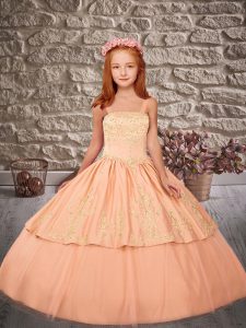 Peach Straps Neckline Embroidery Girls Pageant Dresses Sleeveless Lace Up
