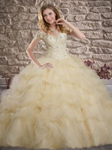 Champagne Ball Gowns Tulle Off The Shoulder Sleeveless Lace and Pick Ups Lace Up Vestidos de Quinceanera Sweep Train