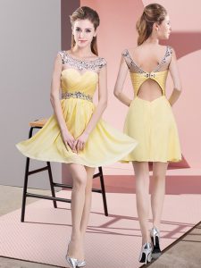 Suitable Yellow Chiffon Backless Scoop Sleeveless Mini Length Dress for Prom Beading and Ruching
