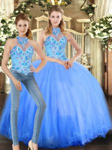 Dazzling Tulle Halter Top Sleeveless Lace Up Embroidery Sweet 16 Quinceanera Dress in Blue