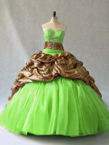 Organza and Printed Sleeveless Ball Gown Prom Dress Brush Train and Beading and Pick Ups